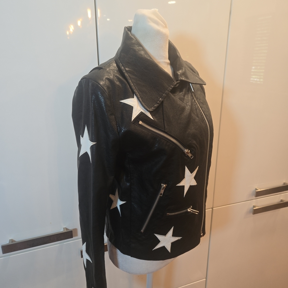 Olivaceous Black Leather Jacket with White Stars - Picture 3 of 13
